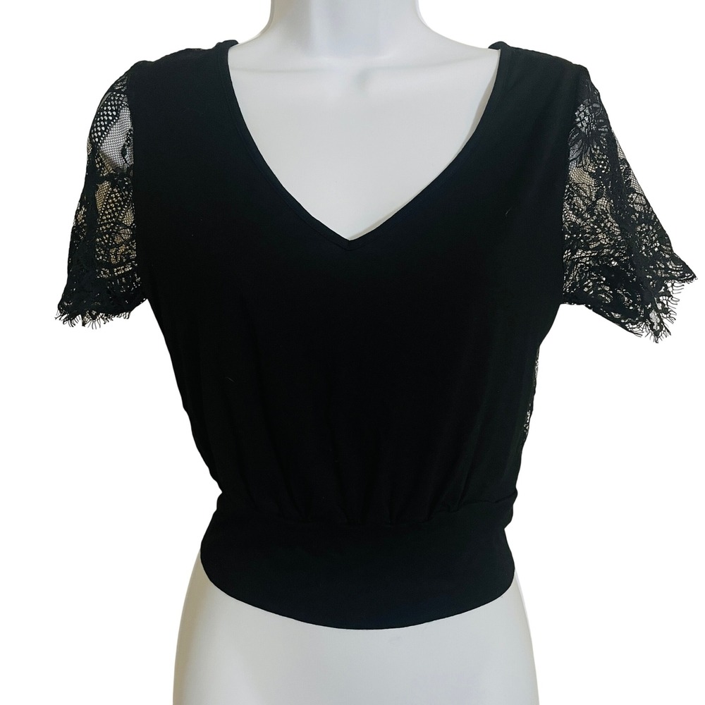 Women Y2K Whimsigoth Floral Lace Mesh Crop Top XS Sheer Mesh Black Tie Back Goth